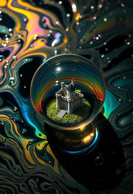 A mesmerizing dance of oil and water, creating intricate, iridescent patterns across the surface. At the heart of the oil slick, a translucent orb shimmers, revealing a miniature castle nestled within, as if glimpsed through a portal to another dimension. Macro perspective, Ultra-detailed, Hyperrealistic, Vivid, iridescent colors swirling in the oil, Water droplets beading on the oil's surface, Castle within the orb meticulously detailed, Sunlight refracting through the oil, casting rainbows, The scene evokes wonder and curiosity. Perfectly spherical, Translucent with subtle distortions, Castle within is clear and in focus, Medieval style, Stone walls, towers, and a drawbridge, Lush green landscape surrounding it, A dark, reflective surface to contrast the colors, Hints of light sources reflecting in the oil, highest-Quality, 8 k, intricate details, visually stunning, Masterpiece