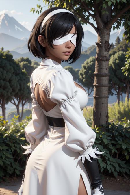 y2p, 1girl,cowboy shot, dark skin,black hair, short hair, white dress, cleavage cutout,(white gloves), feather-trimmed sleeves,(blindfold:1.2),white headband,(white blindfold),side slit,nature,forest, (dirt) trail,from behind, looking back, hair over one eye,mountain, (Maya 3d render:1.05), (masterpiece:1.3), (hires, high resolution:1.3), subsurface scattering  <lora:y2p_v1:1>