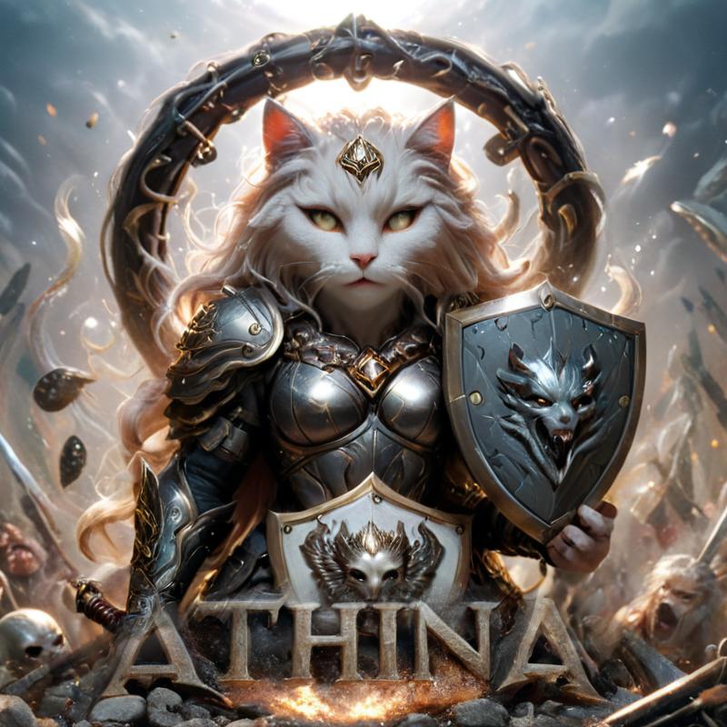 Warrior Cat Art: White Cat in Armor Holds a Shield with Blue Eyes.