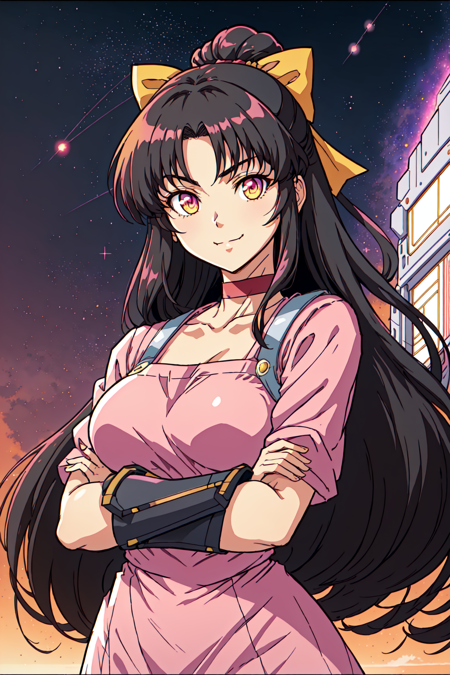 1girl, black hair, brown eyes, closed mouth, crossed arms, flower, hair bow, letterboxed, long hair, looking at viewer, medium breasts, mj manga, pink eyes, red choker, robot, smile, space, star (sky), weapon, yellow eyes <lora:MjManga:0.8>