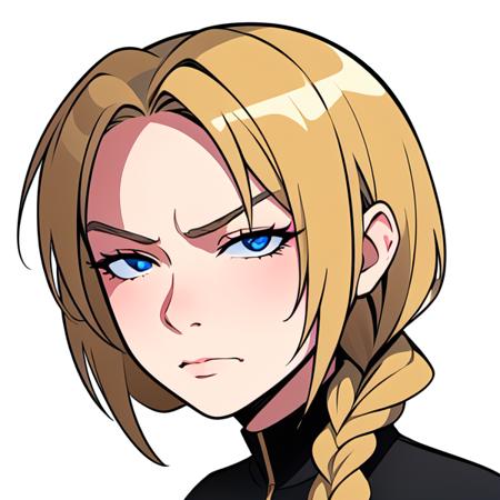 high quality, masterpiece, detailed, detailed face and eyes, (chibi:1.3), anime style, sticker, white background, cel shading, 1girl, blonde hair, suspicious, (squinting:1.3), single braid, (half closed eyes), portrait, furrowed brow, looking at viewer