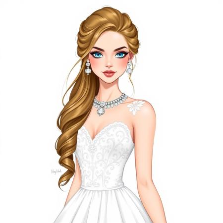 A full-body fashion drawing of a 20-year-old girl with long hair styled in an elegant wedding hairstyle. She has striking blue eyes and is wearing a beautiful white wedding dress adorned with delicate details. Her look is completed with elegant jewelry, enhancing the sophistication of the bridal design. The style is clean, detailed, and focused on showcasing the elegance and flow of the dress and accessories in a fashion illustration style.