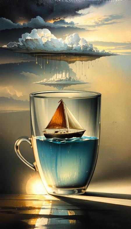 A boat floats inside of a cup of water, small clouds with rain falls inside the cup, thunder storm, surrealism. DreamArt