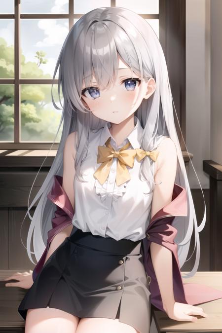 masterpiece, best quality, ultra-detailed, illustration, 1girl, (EMB_elaina-no-hat:0.8), ((cropped arms)), white shirt, skinny, flat chest, silver hair