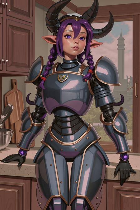 (masterpiece), (best_quality), (ultra-detailed), (illustration), (welcoming), 2girls, (obsidian tiefling:1.3), (in a  kitchen:1.3), scenery, full body, dark purple hair, twin braids, dark slate blue eyes, pose, [:wild costume design:0.2], sitting,muscular, small breasts, narrow waist, athletic thicc hourglass figure,(muscular legs:0.6), , (power armor:1.2), albino, official art, vivid color, finely detailed, hyper detailed, 8k, high resolution illustration, absurdres, intricate detail <lora:EnvyBeautyMix02:1>