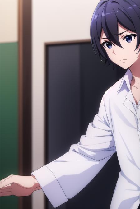 seiichihiiragi, <lora:seiichi hiiragi s2-lora-nochekaiser:1>,
seiichi hiiragi, black hair, hair between eyes, ahoge, male focus, (black eyes:1.5),
BREAK school uniform, hood, robe, shirt, white shirt, collared shirt,
BREAK indoors, classroom,
BREAK looking at viewer, (cowboy shot:1.5),
BREAK <lyco:GoodHands-beta2:1>, (masterpiece:1.2), best quality, high resolution, unity 8k wallpaper, (illustration:0.8), (beautiful detailed eyes:1.6), extremely detailed face, perfect lighting, extremely detailed CG, (perfect hands, perfect anatomy),