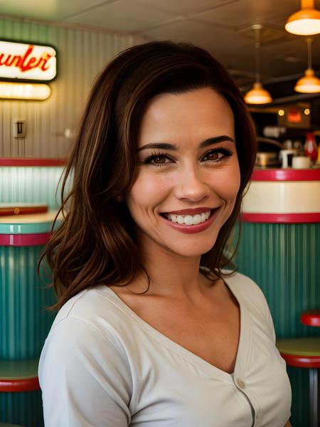 close-up portrait photo of ( <lora:L1nd4C4rd3ll1n1_V1-LoRA:1>, (brown hair)++, (brown eyes) smile, teeth), (in a 50s diner)++, 8k uhd, high quality, dramatic, bokeh