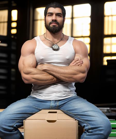 full_beard_dom_santiago, warehouse (white t-shirt, jeans), sitting on box, looking at viewer, indoor (muscular:1.1, big muscle:1.1), crossed arms <lora:Bearded_Dom_Santiago:0.85>