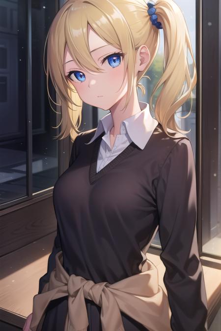 aihayasaka, <lora:aihayasakatest:1>,
ai hayasaka, blonde hair, blue eyes, blue scrunchie, hair between eyes, hair scrunchie, long hair, scrunchie, side ponytail, sidelocks,
BREAK black sweater, blouse, cardigan, cardigan around waist, clothes around waist, collared shirt, dress shirt, long sleeves, school uniform, shirt, shuuchiin academy school uniform, skirt, sweater, white shirt,
BREAK looking at viewer,
BREAK indoors, classroom,
BREAK <lora:GoodHands-vanilla:1>, (masterpiece:1.2), best quality, high resolution, unity 8k wallpaper, (illustration:0.8), (beautiful detailed eyes:1.6), extremely detailed face, perfect lighting, extremely detailed CG, (perfect hands, perfect anatomy),