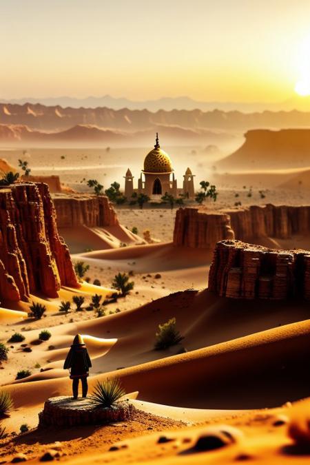 Cartoon Warrior on Cliff Overlooking Real Fantasy Desert City
A cartoon hooded figure stands at the edge of a real, photorealistic desert canyon city—massive domes, spires, and crumbling towers stretch beyond. The warrior’s tattered cloak flutters in warm golden-hour breeze. Ships lie stranded in sandbeds below. The cartoon contrasts beautifully with the sweeping ultra-real panorama. Tiny palm oases glimmer with cartoonish sparkles, blending epic scale with quiet charm.