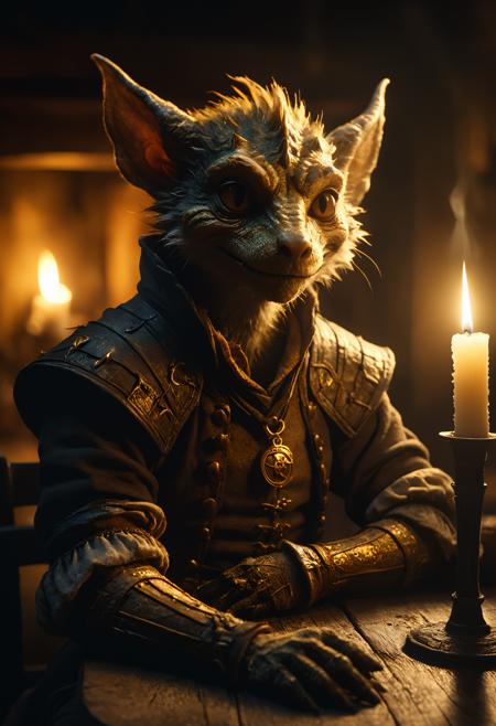 A ultra-detailed 200mm close-up shot of Kobold, with high detailed and beautiful eyes, in a macabre style, set in a cozy candlelit medieval tavern, a dynamic sitting pose and an pout expression and half dressed, rating questionable. The scene is illuminated by dynamic chiaroscuro lighting, enhancing the melancholic atmosphere. dust particles catching the golden sunlight. Dynamic brushwork meets hyper-detailed ultra-HD clarity, achieving a mesmerizing fusion of art and realism. Meticulous craftsmanship ensures that every nuance of the motif shines in extraordinary resolution., <lora:add-detail-xl:0.75>, ral-ertmsphr, <lora:ral-ertmsphr:0.55>,