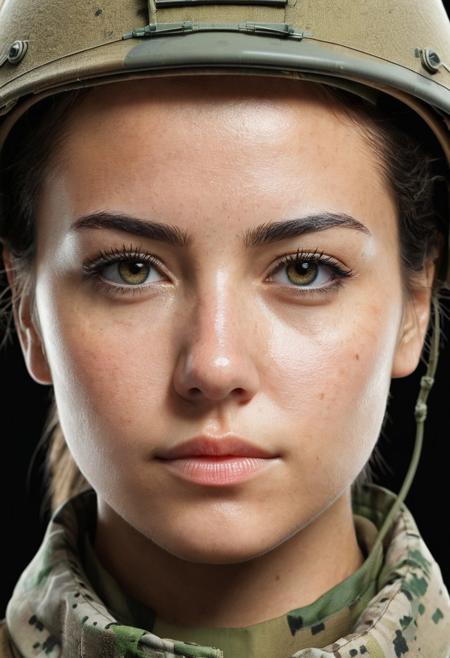 Generate a highly detailed face of a beautiful female soldier, looking forward, front-view, facing camera, light front and both sides of face with no dark shadows, front of face, mouth closed