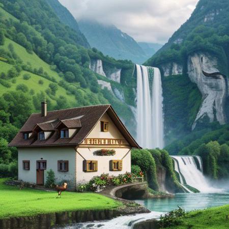 farm with hen and house in the country of Switzerland with waterfall background