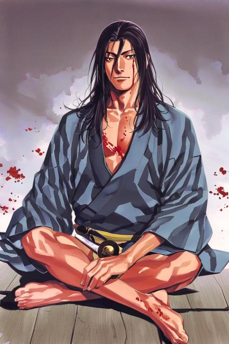 takehiko style, 1boy, male focus, solo, long hair, sitting, blood, weapon, holding, sword, indian style, black hair, barefoot, blood on face, holding weapon, closed mouth, smile, japanese clothes, holding sword, long sleeves, blood on clothes, looking at viewer, wind, floating hair, full body, wide sleeves, pectorals, kimono, blood splatter, collarbone, hair between eyes, blood on weapon, looking to the side