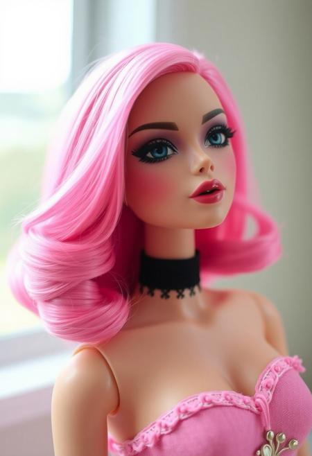 pink haired, doll makeup, bighting her lip, blushing