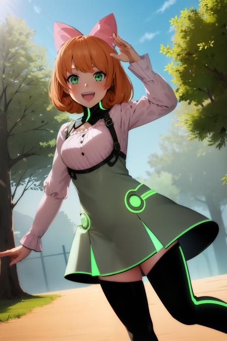 beautiful, detailed face, outdoors, jumping, salute, cheering, trees, blue sky, pennymk1, green eyes, (pink bow:1.2), detached collar, (black thighhighs, neon trim:1.2), (grey:0.8) short dress, white blouse, :D, grin, short hair, orange hair, 8k wallpaper, octane render, cinematic lighting, best quality, highres, absurdres, sharp focus, (8k), (4k), (Best Quality), fantasy, extremely detailed, intricate, hyper detailed, (perfect face), illustration, soft lighting, (specular lighting:1.4), <lora:PennyPolendina:0.8>