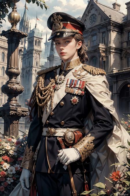 HDR,UHD,8K, best quality, masterpiece, Highly detailed, Studio lighting, physically-based rendering, 1boy, solo,
1 boy, British Noble, white costume, cap, red , uniform, flowers garden background, <lora:add_detail:0.3> <lora:BristishNoble:0.5>