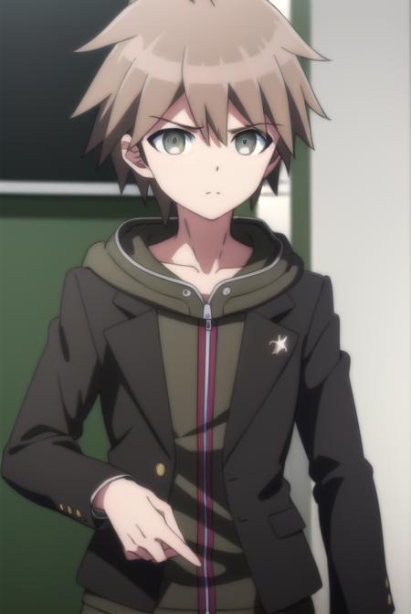 makotonaegi, <lora:makoto naegi s1-lora-nochekaiser:1>,
makoto naegi, short hair, bangs, brown hair, hair between eyes, (brown eyes:1.3), ahoge, male focus,
BREAK long sleeves, collarbone, jacket, black jacket, hoodie, hood down, green hoodie,
BREAK outdoors, classroom,
BREAK looking at viewer, (cowboy shot:1.5),
BREAK <lyco:GoodHands-beta2:1>, (masterpiece:1.2), best quality, high resolution, unity 8k wallpaper, (illustration:0.8), (beautiful detailed eyes:1.6), extremely detailed face, perfect lighting, extremely detailed CG, (perfect hands, perfect anatomy),