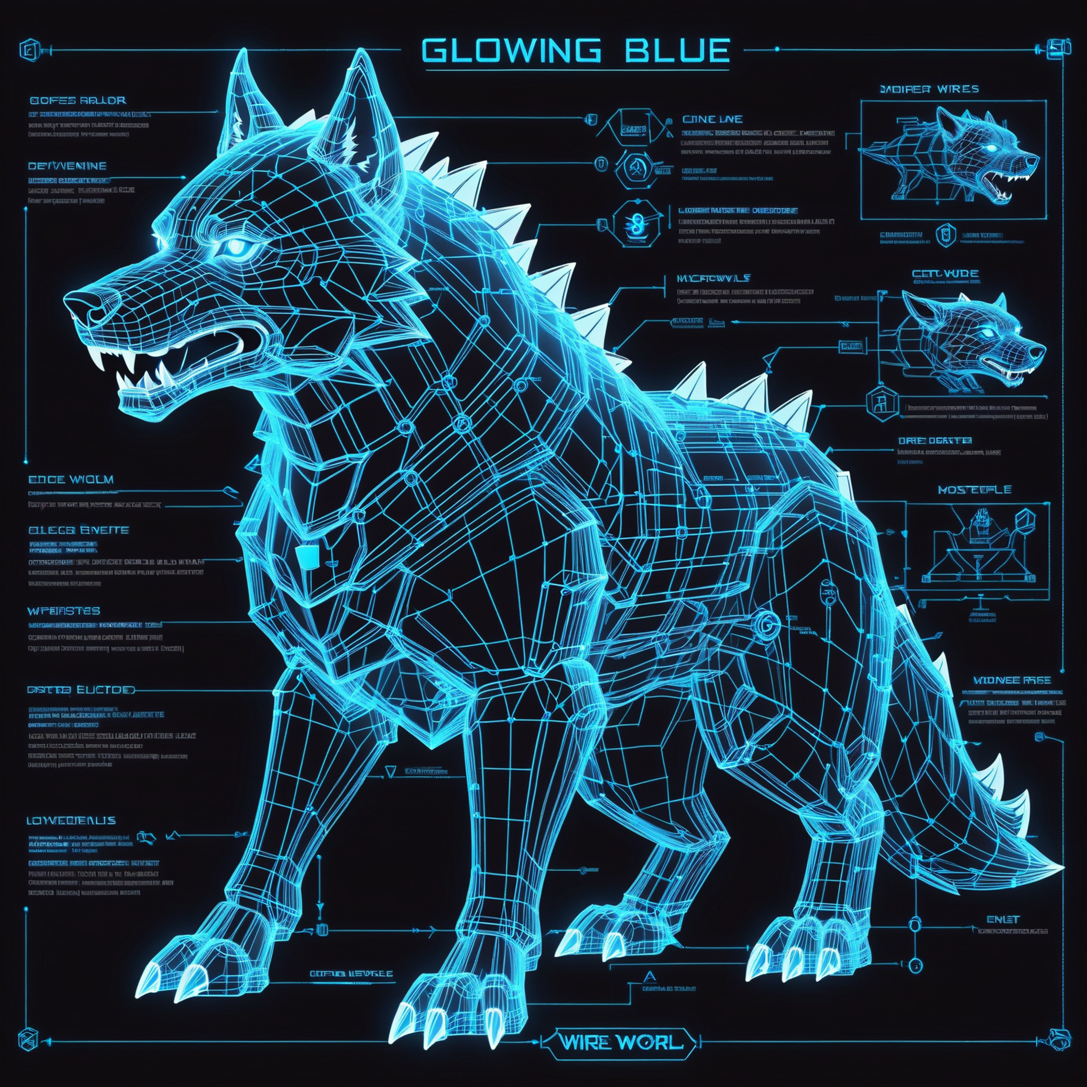glowing blue on black 3d wireframe, diagram, direwolf \(monster\)<lora:EnvyBetterHiresFixXL01:0:hr=1><lora:EnvyScifiWirefr...
