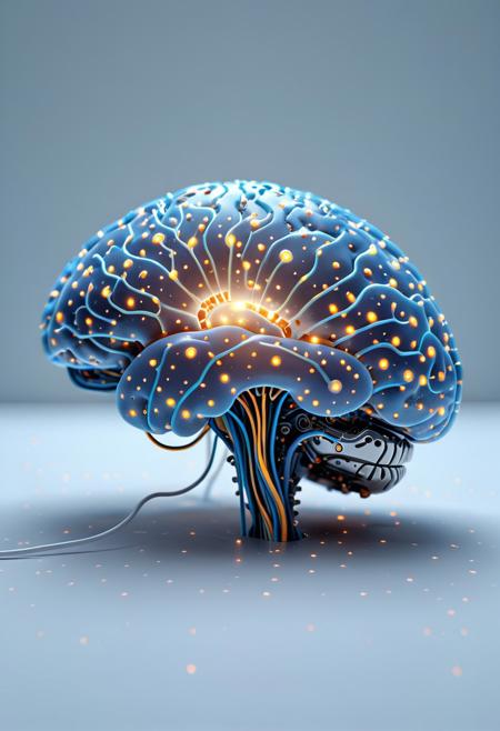 A detailed electronic model of a human brain showing inner circuitry. Side view. Shallow depth of field. White background.
The composition is minimalist, stylized, and highly graphic, glowing neurons, glowing circuits.
flat colors, cel shading, cel shaded comic book style, best_quality, amazing quality, masterpiece, absurdres, highres, very_detailed, extremely_detailed, ultra_detailed, sharp_focus, clean_lines, high_detail, intricate detail.