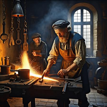 mysterious blacksmith in a baroque painting style, inspired by Jan Vermeer and Rembrandt van Rijn, historical art, oil painting, cinematic volumetric lighting, amazing details <lora:add-detail-xl:1>