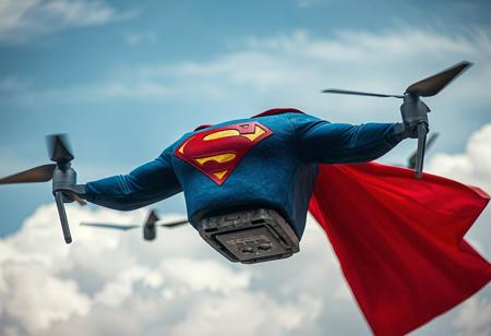 airborne drone, wearing superman costume, red "s" on chest of blue shirt over midsection of drone, red cape billowing up it back, clouds in sky,