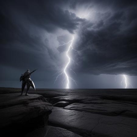 A knight in shining armor faces off against a massive, shadowy dragon on the edge of a cliff under a stormy sky. Lightning illuminates the scene, casting dramatic shadows, and the knight’s sword glows with a magical aura. Dark clouds swirl above, giving an epic, intense atmosphere.