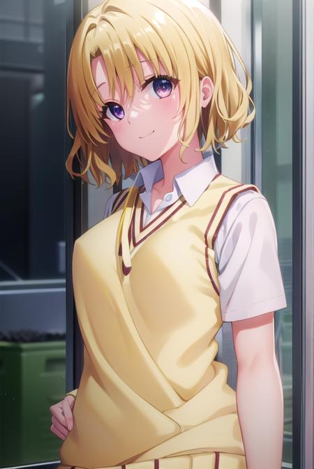 risamomioka, <lora:risa momioka darkness-lora-nochekaiser:1>,
risa momioka, short hair, blonde hair, wavy hair, (parted bangs:1.5), (purple eyes:1.1), smile,
BREAK green skirt, plaid, plaid skirt, sainan high school uniform, school uniform, skirt, sweater vest, thighhighs, (yellow sweater:1.5), short sleeves, bow, green bow,
BREAK indoors, classroom,
BREAK looking at viewer, (cowboy shot:1.5),
BREAK <lyco:GoodHands-beta2:1>, (masterpiece:1.2), best quality, high resolution, unity 8k wallpaper, (illustration:0.8), (beautiful detailed eyes:1.6), extremely detailed face, perfect lighting, extremely detailed CG, (perfect hands, perfect anatomy),