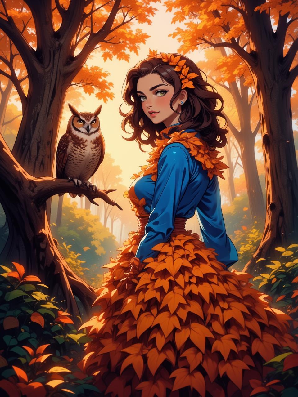 Close-up portpait. A whimsical autumn forest scene, showcasing a female figure dressed in a vibrant orange dress made of layered leaves, complemented by a bright blue top. An owl perches on a gnarled branch nearby, its feathers a rich mix of browns and whites. The background features tall trees with striking orange and gold foliage, illuminated by warm, soft sunlight filtering through the leaves, creating a dreamy, impressionistic atmosphere. The color palette includes warm oranges, deep browns, and hints of soft blues, evoking a sense of tranquility and magic in the heart of the autumn season. mythp0rt <lora:FluxMythP0rtr4itStyle:0.8> <lora:GLSHS:0.8> <lora:last:0.7> <lora:fca_style_32:0.8>