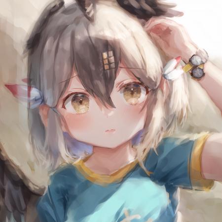 kusomeepchan, 1girl, ((solo)), shirt, beige hair, short sleeves, head wings, bird tail, beige bike shorts, short hair, hair between eyes, aqua t-shirt, shirt writing, bangs, hair tubes, yellow eyes, feather hair ornament, sidelocks, bare arms, watch, detailed shading, detailed ambient light