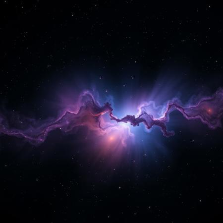 photorealistic dark translucent cosmic nebula in hues of black, blue, purple, and orange, and with 6 diffraction lines on stars
