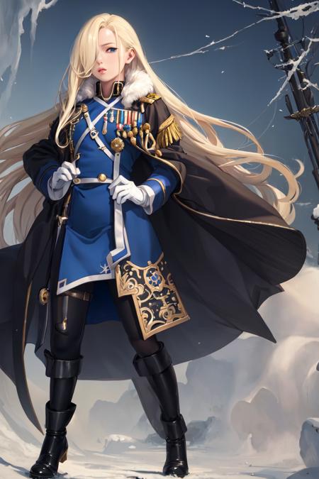 highres, sharp focus, pixiv masterpiece, ((intricate details)), highly detailed, olivier_mira_armstrong, 1girl, full body, (hair over one eye:1.2), blonde hair, long hair, lips, blue coat, jacket, military uniform, white gloves,  <lora:Olivier Mira Armstrong v1_1:0.7>