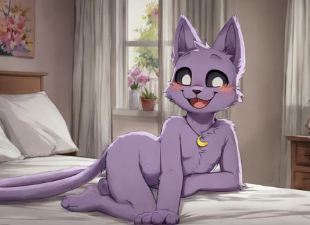 purple fur smile opened mouth black eyes with white pupils black eyes black mouth (yellow crescent-shaped necklace) long cat tail Catnap