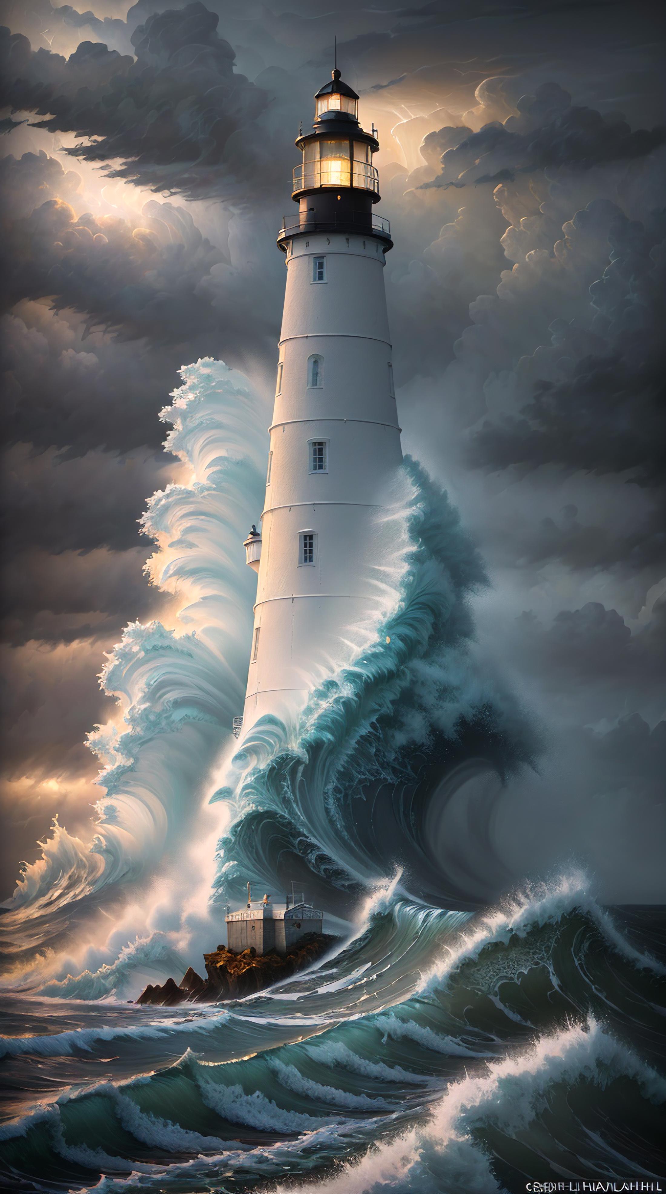 A painting of a tower surrounded by a huge wave.