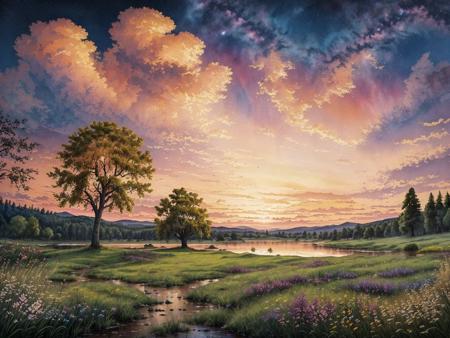 Watercolor painting sky,tree,cloud,scenery,outdoors,grasslands,lake,sunset,star \(sky\),flower,starry sky,cloudy sky,no humans,twilight,nature,wind,masterpiece,best quality,very aesthetic,absurdres <lora:StarryMountainWildernessV1.0:0.7> . Vibrant, beautiful, painterly, detailed, textural, artistic