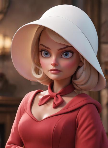 3D render, pixar, Cinematic scene, hero view, doll ,Margot Robbie dressed as Barbie, handmaid dressed in a (red cotton dress:1.1) and (white hat:1.1), handmaid style, absurdress, toy <lora:handmaidtale-000008:0.8> <lora:barbie:0.8> <lora:SamaritanEsdxl:0.5>