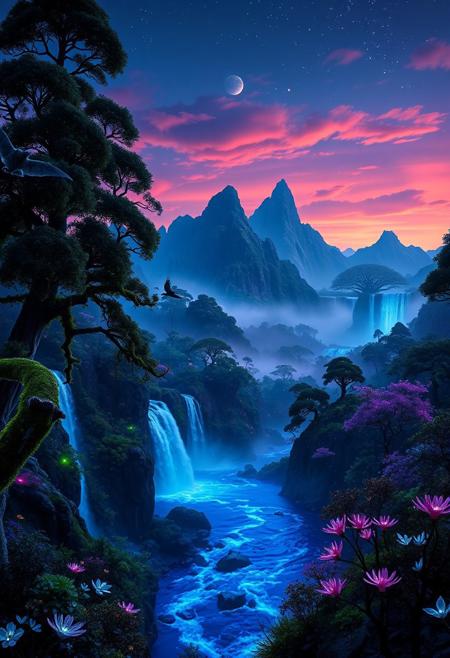 Imagine standing in the heart of Pandora’s most beautiful locale. Before you stretch the majestic Hallelujah Mountains, floating impossibly high, their verdant peaks cloaked in bioluminescent flora. Cascading waterfalls sparkle like liquid stardust as they tumble into the mist below.
In the foreground, a sapphire river meanders through a valley. Its waters glint with an iridescent glow, bordered by glowing plants whose colors shift from deep blues to bright purples. Occasionally, delicate, bioluminescent flowers sway in the gentle breeze, releasing a calming fragrance.
Towering ancient trees to your left are draped in phosphorescent moss, their dense canopies casting a twilight glow. Graceful banshees glide between the branches, adding life to the serene scene.
Above, the sky transitions from deep indigo to vibrant oranges and pinks, dotted with drifting bioluminescent orbs. In the distance, the Tree of Souls stands as an awe-inspiring silhouette, its glowing branches pulsating with a soothing light.
The air hums with a symphony of alien sounds—the rustling of plants, distant calls of fauna, and the gentle flow of water. This landscape of Pandora envelops you in a dreamlike serenity and otherworldly beauty.