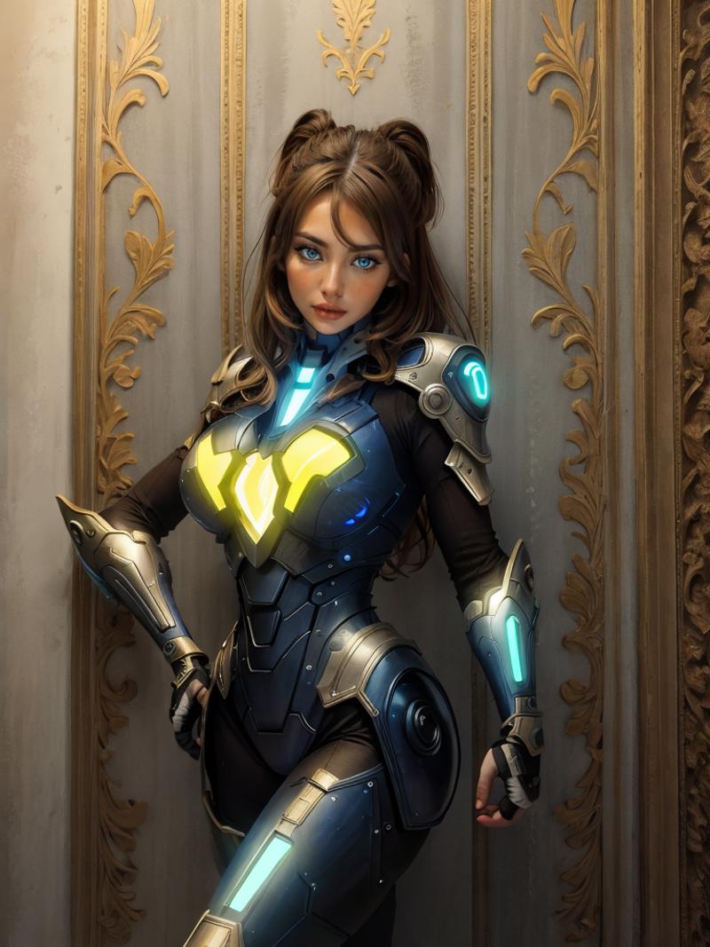 A 3D rendering of a woman wearing blue and yellow armor and holding a gun.