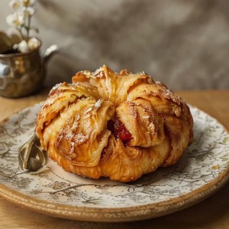 A basket of golden, buttery croissants fresh from a French bakery. Each croissant is perfectly flaky, with delicate layers visible along the crisp, outer crust. The tops are a deep golden-brown with a subtle shine, and a few croissants have light dustings of powdered sugar. The setting is a cozy Parisian café, with a cup of espresso and a small jar of strawberry jam on the side.