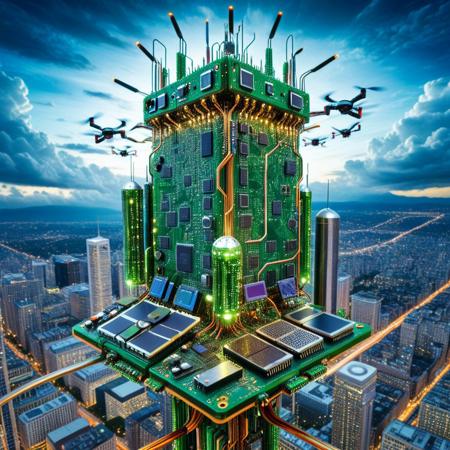 a cityscape designed as an enormous vertical motherboard, skyscrapers doubling as capacitors and regulators, metro lines flowing through LED-lit data channels, clouds shaped from solder smoke, drones flying along clock-synced lanes, pcb_style