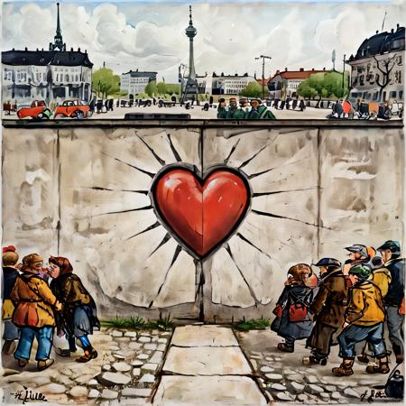 ((best quality)), ((masterpiece)), ((realistic,digital art)), (hyper detailed),ZilleAI painted heart mural on Berlin wall, Fernsehturm <lora:Zille_Style:1>