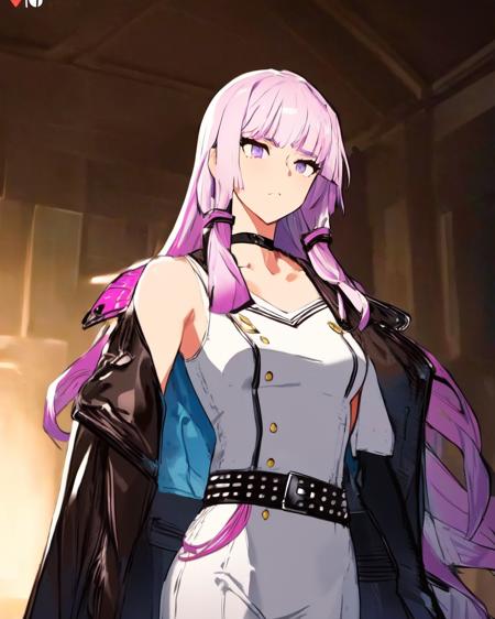 <lora:e7 Lilias2:1.2> e7 Lilias, lilac hair, lilac eyes, small breasts, (very long hair), choker, (hair ties), wearing a cape, leather wide black belt with tasks, white clothes, side button,
(masterpiece),  best quality, highres, 4k, 8k, Detailed Illustration, intricate detail, cinematic lighting, amazing quality, 1girl, fit female, amazing shading, soft lighting, facing camera, perfect eyes,