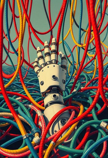 WW1 propaganda posters aesthetic featuring a robot hand sinking in a tide of colorful cables,