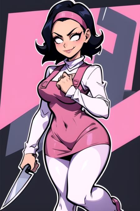 <lora:nene:0.8> 1girl, solo, breasts, smile, short hair, simple background, shirt, black hair, long sleeves, dress, holding, medium breasts, white shirt, weapon, pantyhose, hairband, grey background, covered navel, turtleneck, knife, pink dress, :p, white pantyhose, outline, holding knife, white outline, pink hairband, full body, masterpiece, best quality,