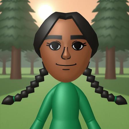 wii, mii, wii sports, 1girl, female mii, black eyes, thick eyebrows, black hair, low braids, dark skin, dark green clothing, black pants, shoes, cute, nintendo mii, modern_mii, classic_mii, breasts, laura_(wii_sports)