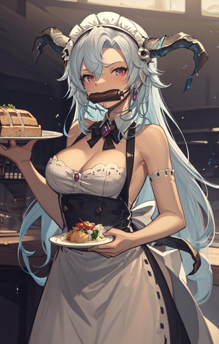 masterpiece, best quality, extremely delicate and beautiful,illustration,1girl,gbf-fediel,bit gag,hair ornament, horns, maid, maid headdress, maid apron, restaurant, holding plate, cowboy shot, <lora:gbf-fedielV2-1:0.81> <lora:Concept-bitGag-000004:1>