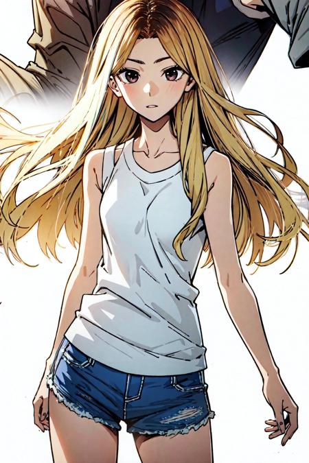 masterpiece, high quality cg, anime, illustration, best quality, 1girl, bound, bondage, beautiful face, detailed face, cowboy shot, Han Jia, 1girl, solo, long hair, blonde hair, simple background, shirt, white background, bare shoulders, brown eyes, collarbone, white shirt, short shorts, sleeveless, tank top, very small breast, bare legs, <lora:HanJia:.9>