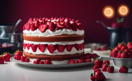 a delicious composition of strawberry cake, product photo, ad shot, intricate details, cinematic style