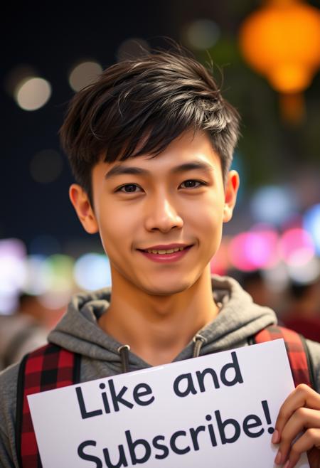 A young East Asian man is holding a sign, "Like and Subscribe!" He is handsome, attractive, photogenic, and expressively cute. depth of field, bokeh, photorealistic