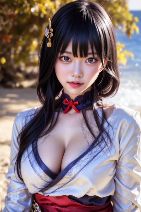 raiden_shogun,1girl, bangs, black_hair, hair_ornament, japanese_clothes, kimono, lips, long_sleeves, looking_at_viewer, obi, sash, solo, upper_body,
(RAW photo, best quality), (realistic, photo-realistic:1.3), masterpiece, an extremely delicate and beautiful, extremely detailed, CG, unity, 2k wallpaper, Amazing, finely detail, extremely detailed CG unity 8k wallpaper, huge filesize, ultra-detailed, outdoor, 1 girl, cleavage, upper body, detailed face,
beautiful detailed girl, detailed fingers, extremely detailed eyes and face, beautiful detailed nose, beautiful detailed eyes, long eyelashes, light on face, looking at viewer, (closed mouth:1.2), 1girl, cute, young, mature face, (full body:1.3), ((small breasts)), realistic face, realistic body, beautiful detailed thigh, <lora:KoreanDollLikeness_v1.5:0.5>,
sea, seaside, beach, sunlight,
<lora:last-000005:1>